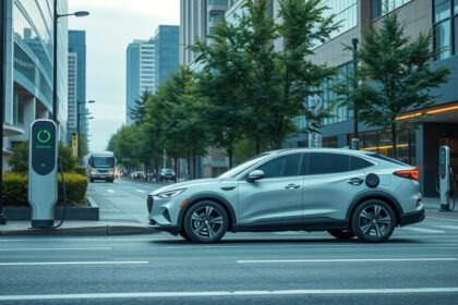 Öntöltő hibrid autó töltőállomásnál a városban.