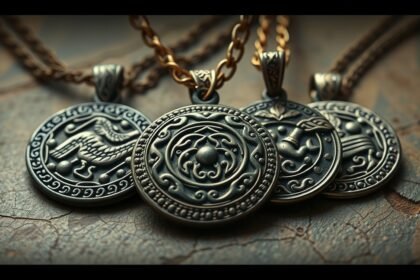 Ötvözött medálok történelmi mintákkal és szimbolikával.