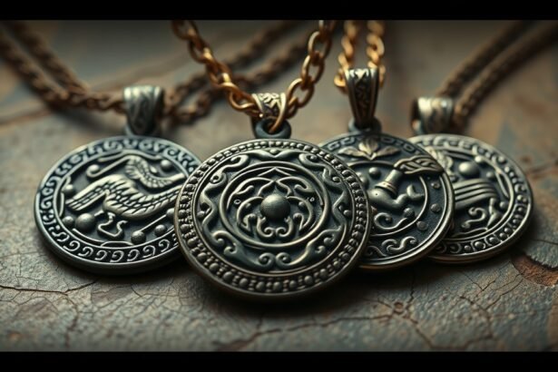 Ötvözött medálok történelmi mintákkal és szimbolikával.