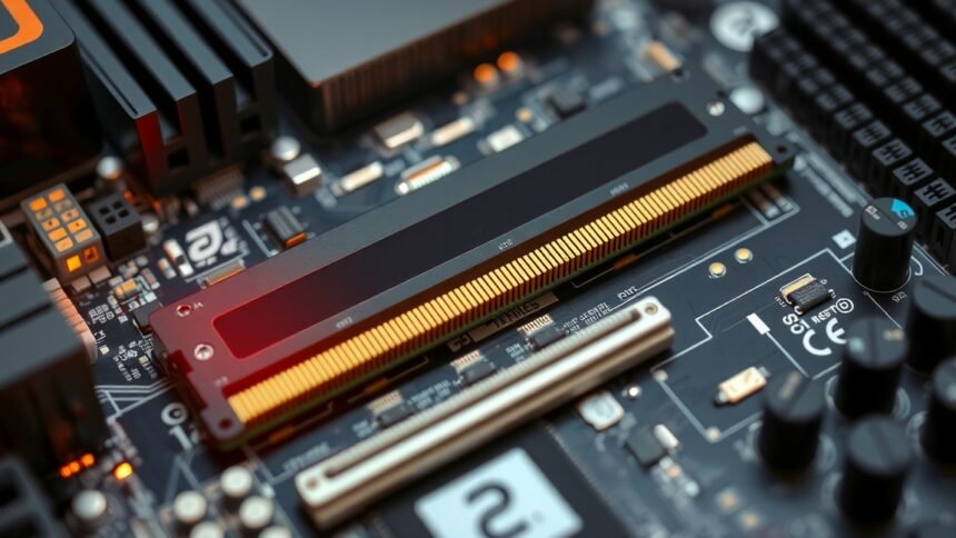 RAM modul a számítógép alaplapján, amely a teljesítményt növeli.