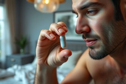 Egy férfi kezében Cialis kapszula, figyelmesen nézi.