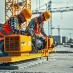 Két munkás estrich géppel dolgozik építkezésen, aljzatkiegyenlítő rendszer.