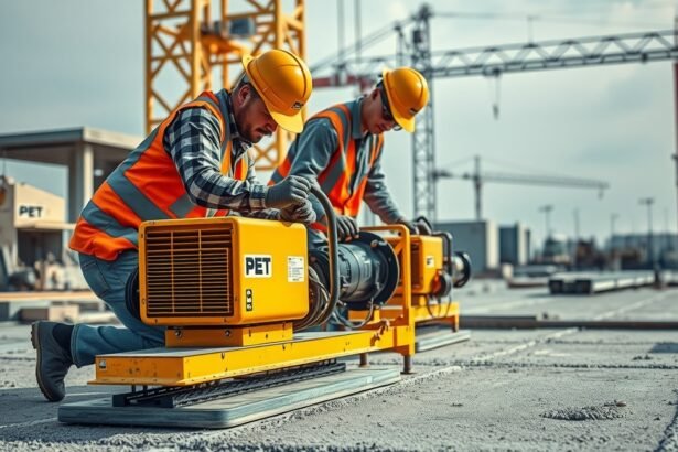 Két munkás estrich géppel dolgozik építkezésen, aljzatkiegyenlítő rendszer.