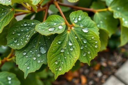 Fügelevél csepegtetett vízcseppekkel, amely az egészség és szépség szimbóluma.