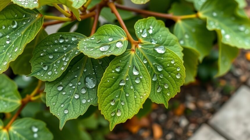 Fügelevél csepegtetett vízcseppekkel, amely az egészség és szépség szimbóluma.