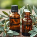 Zsálya illóolaj üvegek friss levelekkel körülvéve