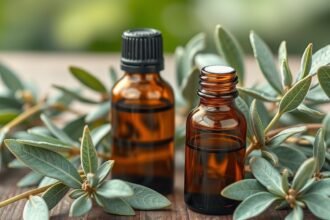 Zsálya illóolaj üvegek friss levelekkel körülvéve