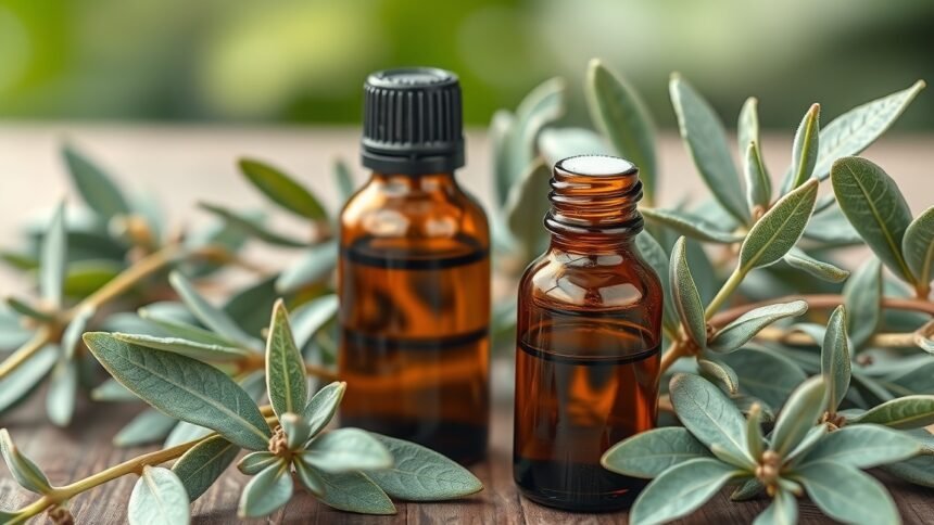 Zsálya illóolaj üvegek friss levelekkel körülvéve