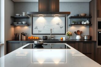 Modern kerámialapos tűzhely konyhában, elegáns dizájn és funkciók.