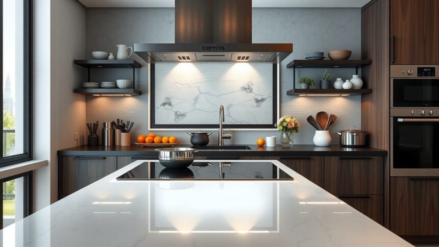 Modern kerámialapos tűzhely konyhában, elegáns dizájn és funkciók.