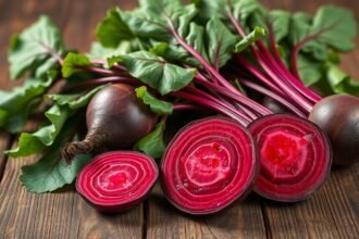 Friss cékla és levelei, apróra vágva, egészséges táplálkozáshoz.