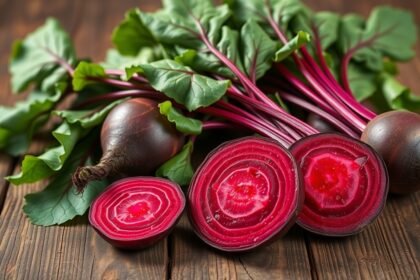 Friss cékla és levelei, apróra vágva, egészséges táplálkozáshoz.