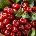 Vörös goji bogyók friss levelekkel egy fából készült tálban