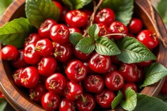 Vörös goji bogyók friss levelekkel egy fából készült tálban