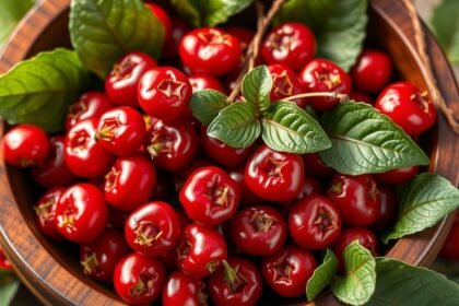 Vörös goji bogyók friss levelekkel egy fából készült tálban