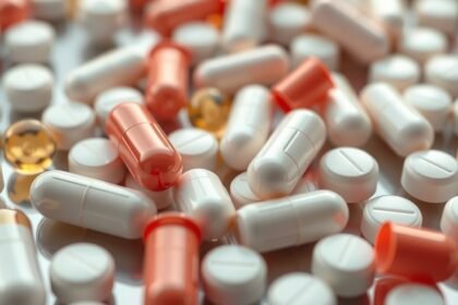 Különböző gyógyszerek és kapszulák közelképe, a Talliton hatásaival kapcsolatban.