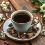 Katáng kávé csészében, virágokkal és gyökerekkel díszítve