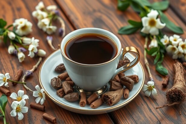 Katáng kávé csészében, virágokkal és gyökerekkel díszítve