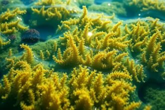 Sárga és zöld algák víz alatt, egészséges környezet megjelenítése.