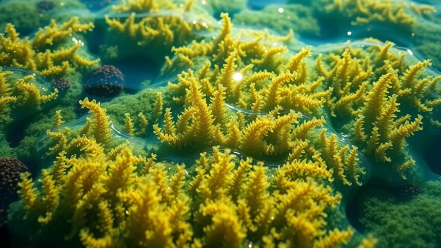 Sárga és zöld algák víz alatt, egészséges környezet megjelenítése.