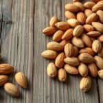 Szórt mandula héjban fából készült asztalon.