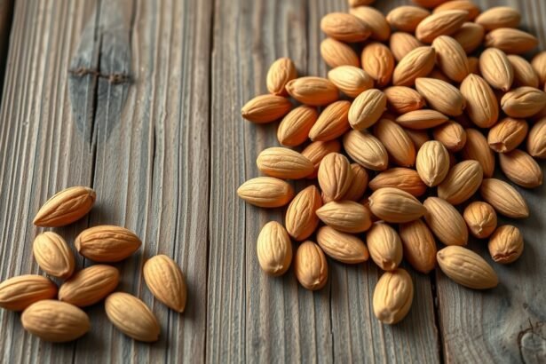 Szórt mandula héjban fából készült asztalon.