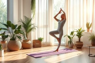 Egy nő reggeli jóga rutin közben nyújtózik egy világos szobában.