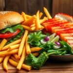 Feldolgozott ételek, például hamburger és sültkrumpli, zöldségekkel.