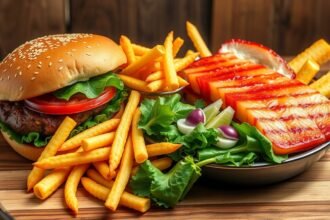 Feldolgozott ételek, például hamburger és sültkrumpli, zöldségekkel.