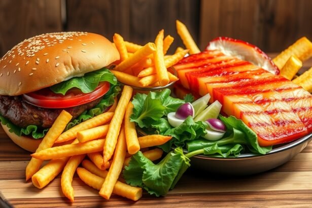 Feldolgozott ételek, például hamburger és sültkrumpli, zöldségekkel.