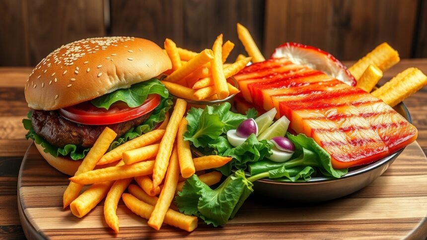 Feldolgozott ételek, például hamburger és sültkrumpli, zöldségekkel.