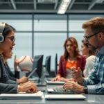 Két ember beszélget egy modern irodában, egyikük fülhallgatót visel.