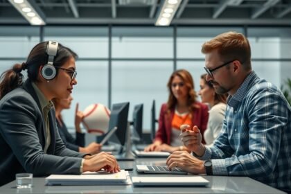 Két ember beszélget egy modern irodában, egyikük fülhallgatót visel.