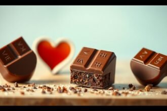 Különböző csokoládédarabok, mellette egy szív alakú díszítés.