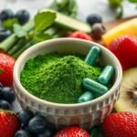 Tál spirulina por és kapszulák, friss gyümölcsökkel és zöldségekkel körülvéve