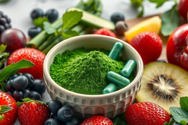 Tál spirulina por és kapszulák, friss gyümölcsökkel és zöldségekkel körülvéve