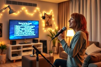 Fiatal nő otthoni karaoke estéjén énekel egy mikrofonba.