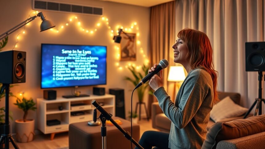 Fiatal nő otthoni karaoke estéjén énekel egy mikrofonba.