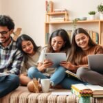 Fiatalok digitális tanulás közben, rugalmas e-learning élmény.