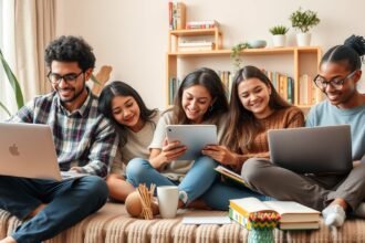 Fiatalok digitális tanulás közben, rugalmas e-learning élmény.