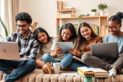 Fiatalok digitális tanulás közben, rugalmas e-learning élmény.