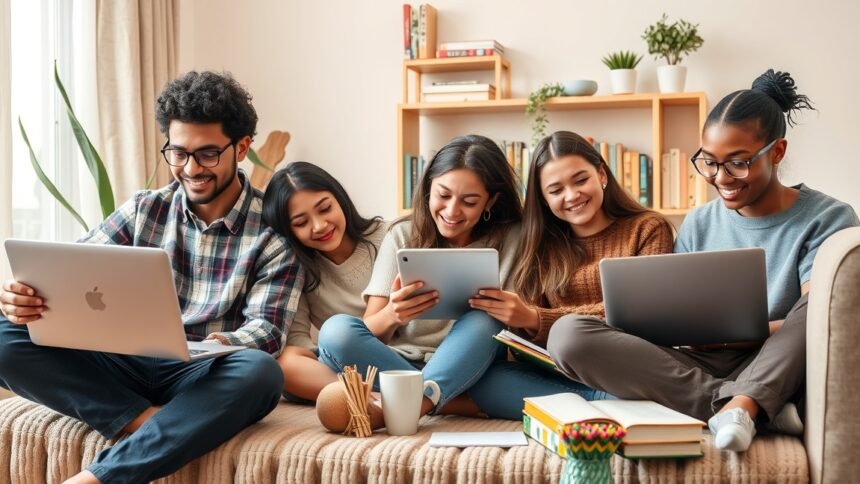 Fiatalok digitális tanulás közben, rugalmas e-learning élmény.