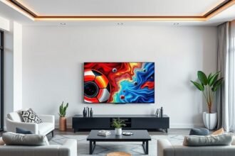 TCL 115X955 Max televízió színes képernyővel egy modern nappaliban.