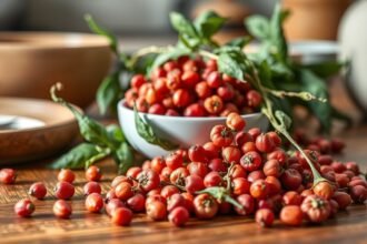 Rózsabors friss bogyói és levélzete egészséges ételekhez.