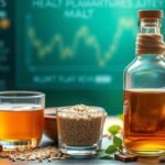 Máltás ital és összetevők, egészségi előnyök diagrammal a háttérben