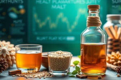 Máltás ital és összetevők, egészségi előnyök diagrammal a háttérben