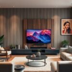 Modern nappali Hisense 85U8Q televízióval, gyönyörű panorámaképpel.