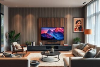 Modern nappali Hisense 85U8Q televízióval, gyönyörű panorámaképpel.