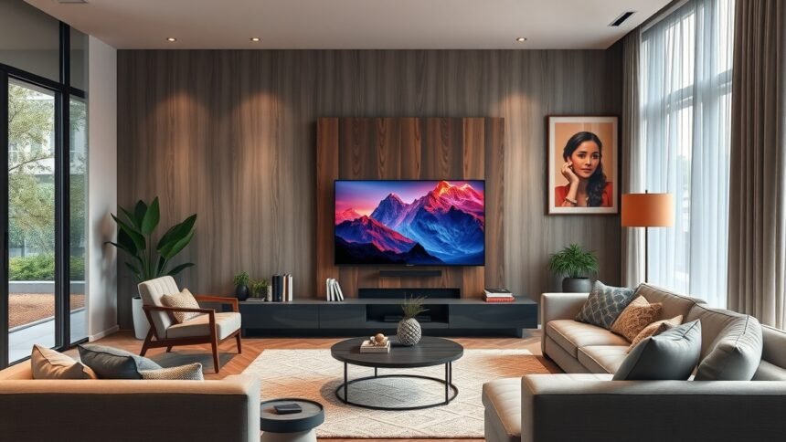 Modern nappali Hisense 85U8Q televízióval, gyönyörű panorámaképpel.