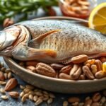 Friss hal, diófélék és citrom egy tányéron az omega-3 zsírsavakhoz.